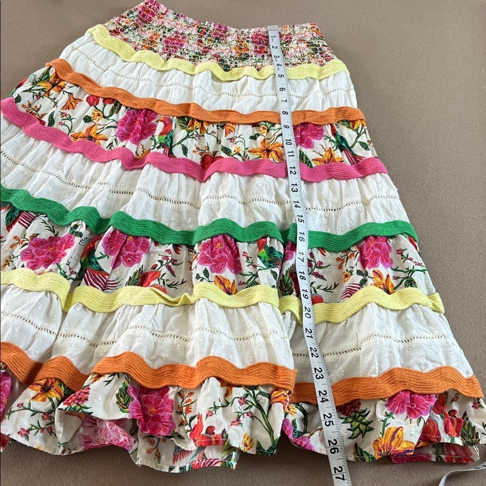 Farm Rio Toucans Garden Multi Tiered Elasticized Waist Skirt Ricrac - Small - Picture 6 of 13
